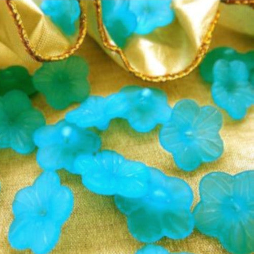 Acrylic Beads, Aqua Blue, Frosted, 5-Petal, Flower, Button Beads, 15mm - BEADED CREATIONS