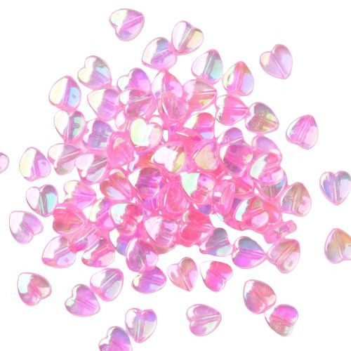 Acrylic Beads, Hearts, Translucent, AB, Pink, 9mm - BEADED CREATIONS