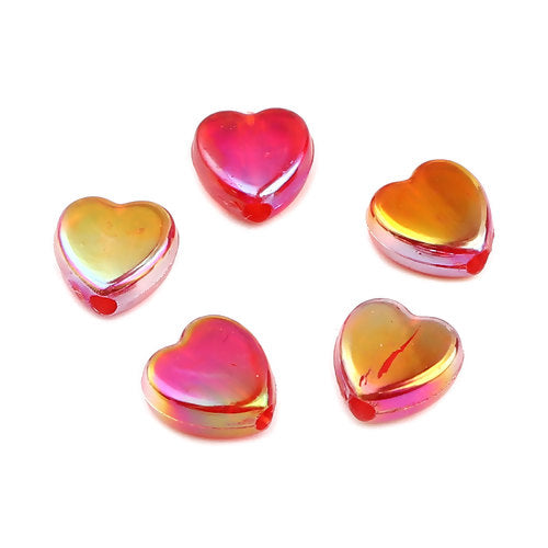 Acrylic Beads, Hearts, Translucent, AB, Red, 9mm - BEADED CREATIONS