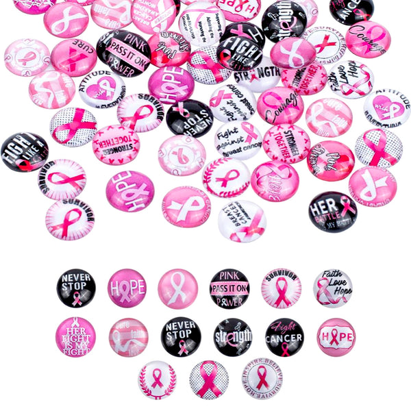 Cabochons, Glass, Dome, Seals, Flat Back, Assorted, Transparent, Pink, Breast Cancer, Awareness Ribbons, 12mm - BEADED CREATIONS