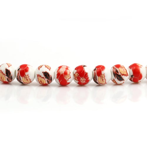 Ceramic Beads, Round, Floral, Red, 8mm - BEADED CREATIONS