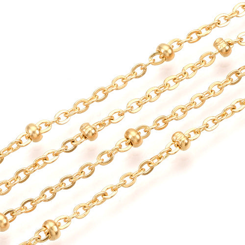 Chain, 304 Stainless Steel, Cable Chain, Soldered, Flat, Oval, Satellite Chain, With Round Beads, Gold Plated, 2.5x2mm - BEADED CREATIONS