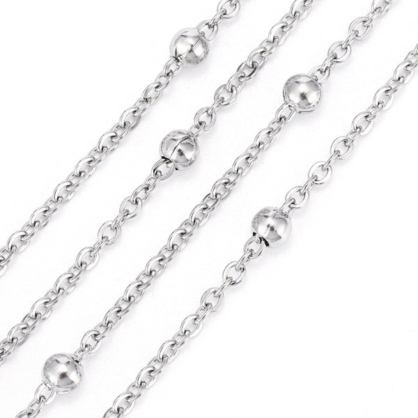 Chain, 304 Stainless Steel, Cable Chain, Soldered, Flat, Oval, Satellite Chain, With Round Beads, Silver Tone,  2.5x2mm - BEADED CREATIONS
