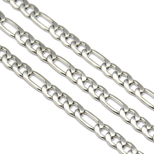 Chain, Stainless Steel, Figaro Chain, Open Link, Silver Tone, 7-10x4.5mm - BEADED CREATIONS