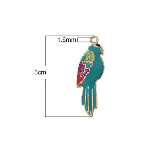 Charms, Bird, Parrot, Single-Sided, Teal, Enameled, Light Gold Alloy, 30mm - BEADED CREATIONS