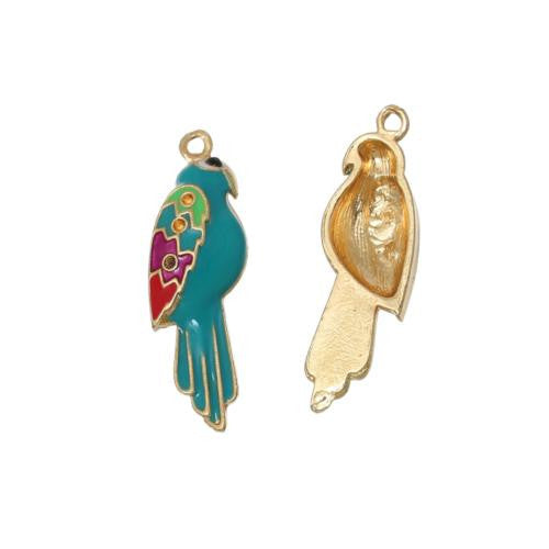 Charms, Bird, Parrot, Single-Sided, Teal, Enameled, Light Gold Alloy, 30mm - BEADED CREATIONS