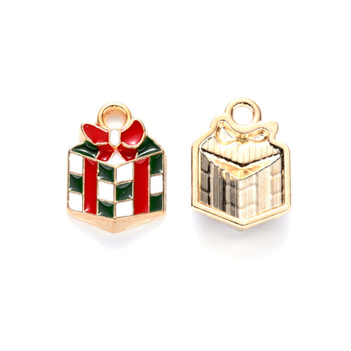 Charms, Christmas Gift Box, Single-Sided, Red, White, Green, Enameled, Light Gold Alloy, 14mm - BEADED CREATIONS