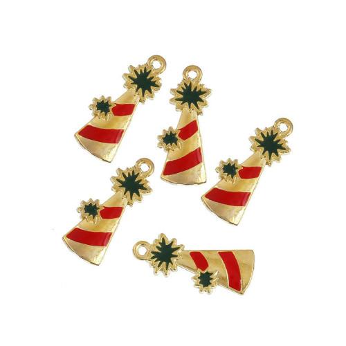 Charms, Christmas Tree, Single-Sided, Red, Green Enameled, Light Gold Alloy, 23mm - BEADED CREATIONS