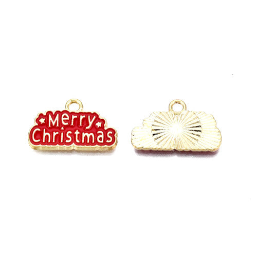 Charms, Christmas, Red, Enameled, Sign, With Words Merry Christmas, Light Gold, Alloy, 12.5mm - BEADED CREATIONS