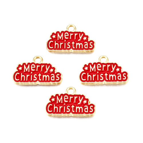 Charms, Christmas, Red, Enameled, Sign, With Words Merry Christmas, Light Gold, Alloy, 12.5mm - BEADED CREATIONS