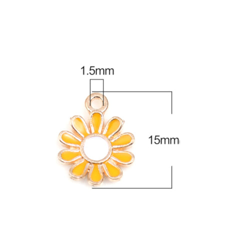 Charms, Daisy, Flower, Single-Sided, Yellow, Enameled, Light Gold Alloy, 15mm - BEADED CREATIONS