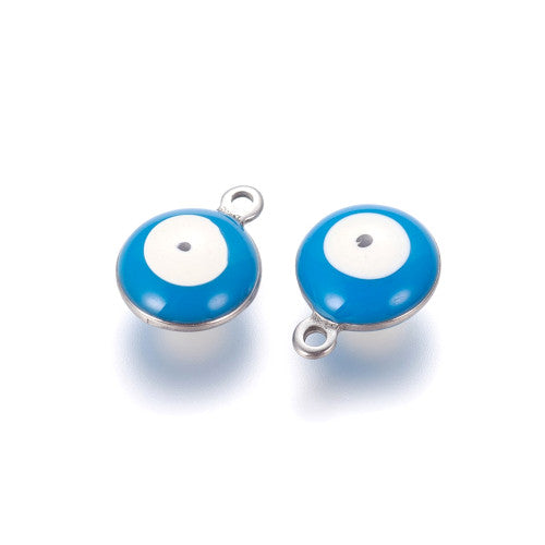 Charms, Evil Eye, Nazar, Round, 304 Stainless Steel, Silver Tone, Sky Blue, Enamel, 13mm - BEADED CREATIONS