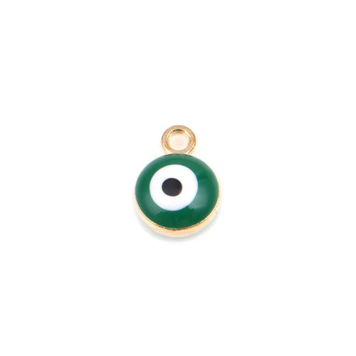 Charms, Evil Eye, Round, Green, Enameled, Golden, Alloy, 9mm - BEADED CREATIONS