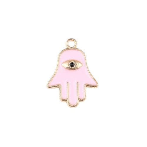 Charms, Hamsa, Hand, Symbol, Pink, Enameled, Light Gold Alloy, 15x21mm - BEADED CREATIONS