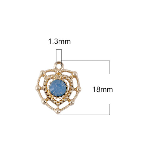 Charms, Heart, Cut-Out, Beaded, Single-Sided, Gold Plated, Alloy, Blue, Rhinestone, 18mm - BEADED CREATIONS