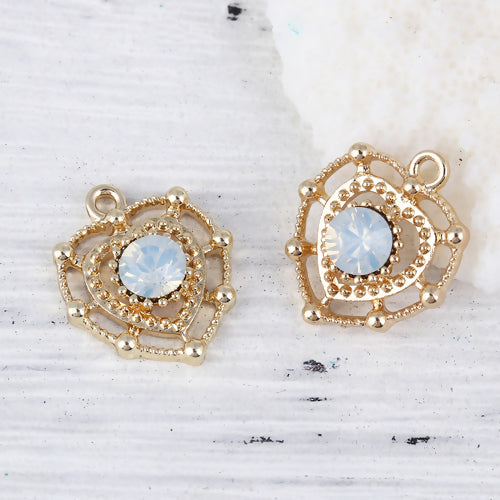 Charms, Heart, Cut-Out, Beaded, Single-Sided, Gold Plated, Alloy, Light Blue, Rhinestone, 18mm - BEADED CREATIONS