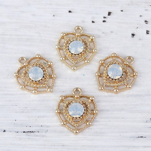 Charms, Heart, Cut-Out, Beaded, Single-Sided, Gold Plated, Alloy, Light Blue, Rhinestone, 18mm - BEADED CREATIONS
