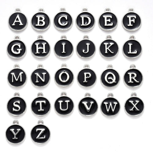 Charms, Round, Double-Sided, Alphabet, Capital Letters, Black, Enameled, Silver Plated, Alloy, A-Z, 12mm - BEADED CREATIONS