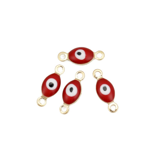 Connectors, Evil Eye, Nazar, Oval, Red, Enameled, Light Gold, Brass, 11mm - BEADED CREATIONS