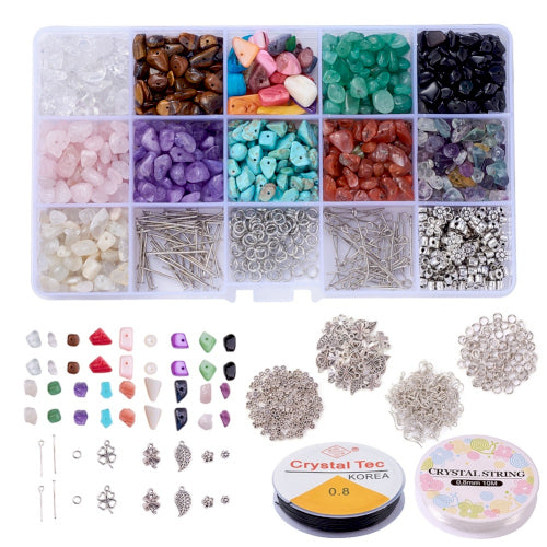 Jewelry Making Kit, Gemstone Chips, Shell Chips, Findings, Crystal Thread - BEADED CREATIONS