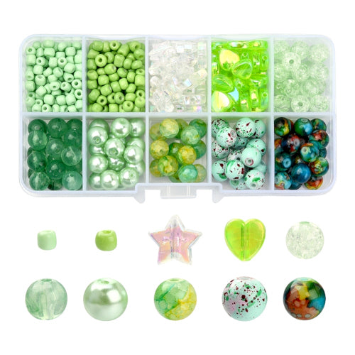 Jewelry Making Kit, Green, Round, Stars, Hearts, Acrylic And Glass Beads - BEADED CREATIONS