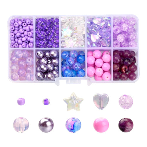 Jewelry Making Kit, Purple, Hearts, Stars, Round, Acrylic And Glass Beads - BEADED CREATIONS