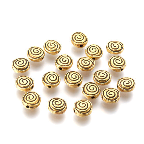 Metal Beads, Tibetan Style, Flat, Round, Double-Sided, Grooved, Vortex, Antique Gold, Alloy, 8mm - BEADED CREATIONS