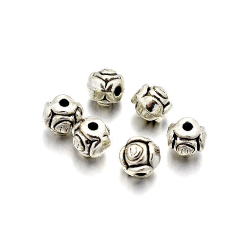 Metal Spacer Beads, Tibetan Style, Round, Rose, Flower, Antique Silver, Alloy, 5mm - BEADED CREATIONS