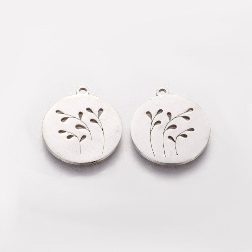 Pendants, 304 Stainless Steel, Leaf Stems, Flat, Round, Laser-Cut, Silver Tone, 20mm - BEADED CREATIONS