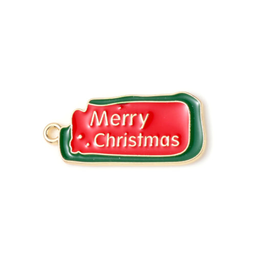Pendants, Christmas Cookie, Single-Sided, Red, Green, Enameled, With Merry Christmas, Light Gold Alloy, 28mm - BEADED CREATIONS