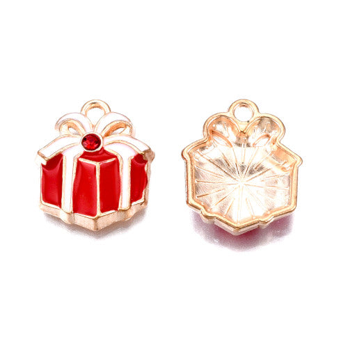 Pendants, Christmas Gift Box, With Rhinestone, Single-Sided, Red, White, Enameled, Light Gold Alloy, 17.5mm - BEADED CREATIONS