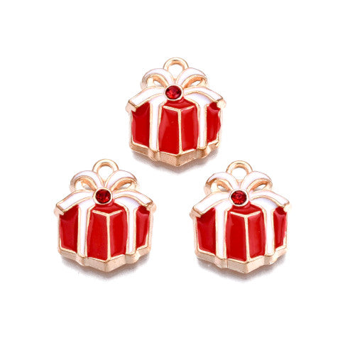 Pendants, Christmas Gift Box, With Rhinestone, Single-Sided, Red, White, Enameled, Light Gold Alloy, 17.5mm - BEADED CREATIONS