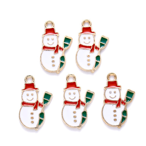 Pendants, Christmas Snowman, Single-Sided, White, Red, Green, Enameled, Light Gold, Alloy, 21mm - BEADED CREATIONS