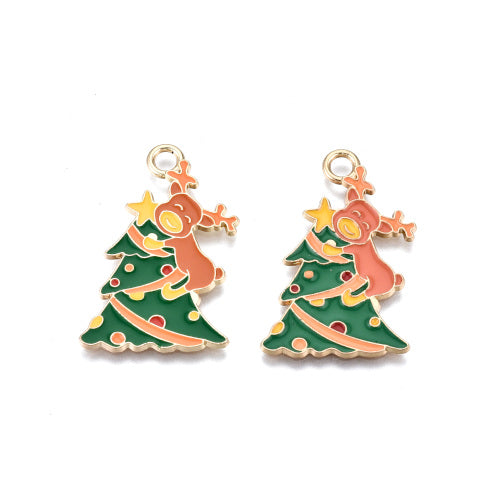 Pendants, Christmas Tree With Reindeer, Multicolored, Enameled, Light Gold Plated, Alloy, 32.5mm - BEADED CREATIONS