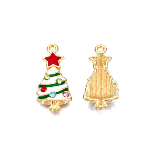 Pendants, Christmas Tree, Single-Sided, Green, White, Red, Enameled, With Rhinestones, Light Gold Alloy, 23mm - BEADED CREATIONS