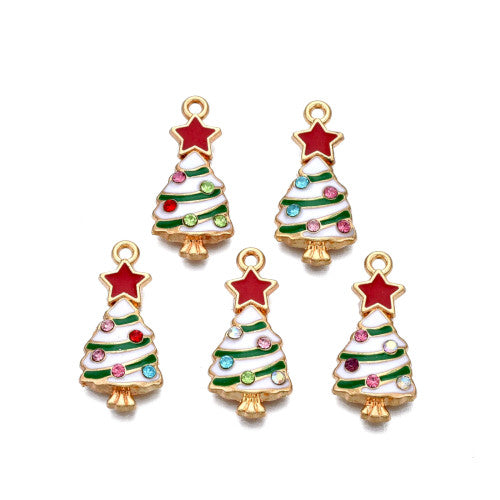 Pendants, Christmas Tree, Single-Sided, Green, White, Red, Enameled, With Rhinestones, Light Gold Alloy, 23mm - BEADED CREATIONS