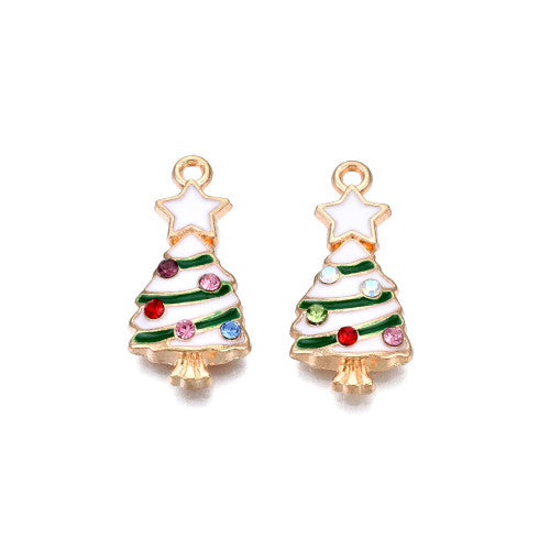 Pendants, Christmas Tree, Single-Sided, White, Green, Enameled, With Rhinestones, Light Gold Alloy, 23mm - BEADED CREATIONS