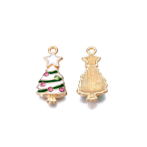 Pendants, Christmas Tree, Single-Sided, White, Green, Enameled, With Rhinestones, Light Gold Alloy, 23mm - BEADED CREATIONS