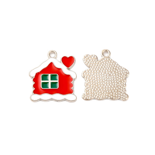 Pendants, Christmas, House, Red, Green, White, Enameled, Silver, Alloy, 17mm - BEADED CREATIONS