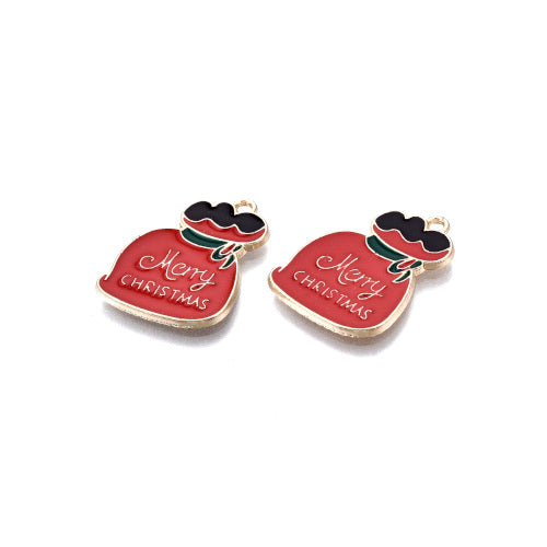 Pendants, Christmas, Red, Black, Enameled, Lucky Bag, With Word Merry Christmas, Light Gold, Alloy, 21mm - BEADED CREATIONS