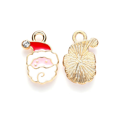 Pendants, Christmas, Santa Claus Head, Red, White, Enameled, With Crystal Rhinestone, Light Gold, Alloy, 17mm - BEADED CREATIONS