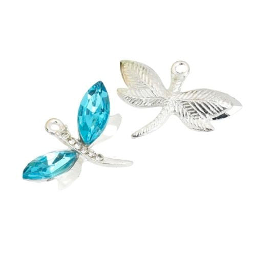Pendants, Dragonfly, With Blue Acrylic Faceted Rhinestone Wings, Silver Plated Alloy, 3cm - BEADED CREATIONS