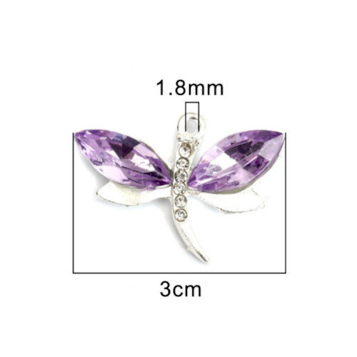 Pendants, Dragonfly, With Purple Acrylic Faceted Rhinestone Wings, Silver Plated Alloy, 3cm - BEADED CREATIONS