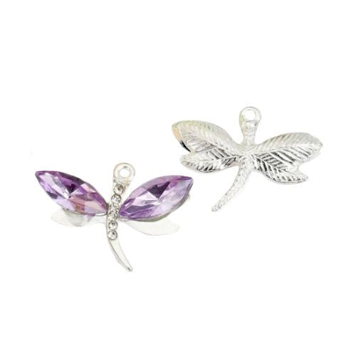 Pendants, Dragonfly, With Purple Acrylic Faceted Rhinestone Wings, Silver Plated Alloy, 3cm - BEADED CREATIONS
