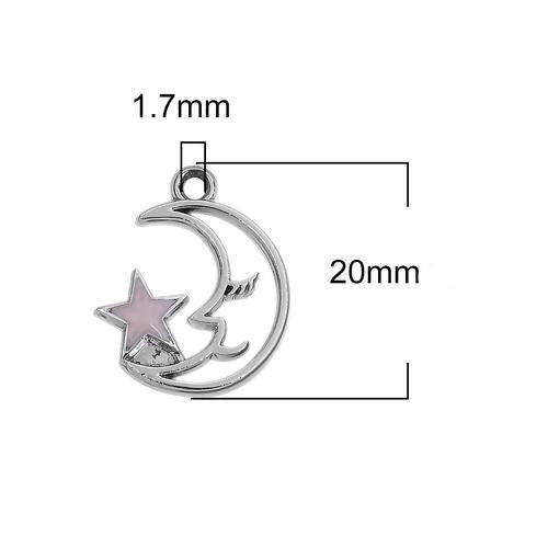 Pendants, Half Moon, Single-Sided, Cut-Out, Pink, Enameled, Star, Silver Tone Alloy, 20mm - BEADED CREATIONS