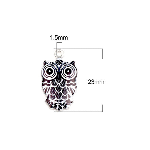 Pendants, Owl, Single-Sided, Black, White, Enameled, Silver Plated, Alloy, 23mm - BEADED CREATIONS