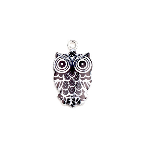 Pendants, Owl, Single-Sided, Black, White, Enameled, Silver Plated, Alloy, 23mm - BEADED CREATIONS