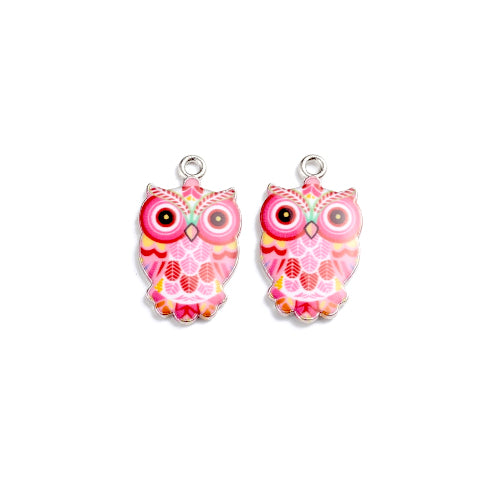 Pendants, Owl, Single-Sided, Pink, Enameled, Silver Plated, Alloy, 23mm - BEADED CREATIONS