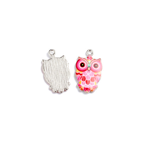 Pendants, Owl, Single-Sided, Pink, Enameled, Silver Plated, Alloy, 23mm - BEADED CREATIONS