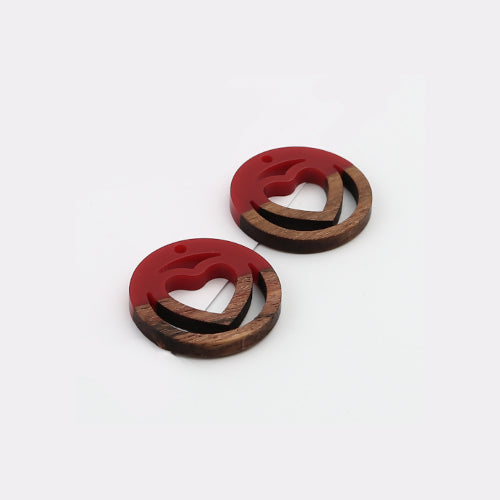 Pendants, Round, Laser-Cut, Heart, Cherry Red, Wood And Resin, Focal, 25mm - BEADED CREATIONS